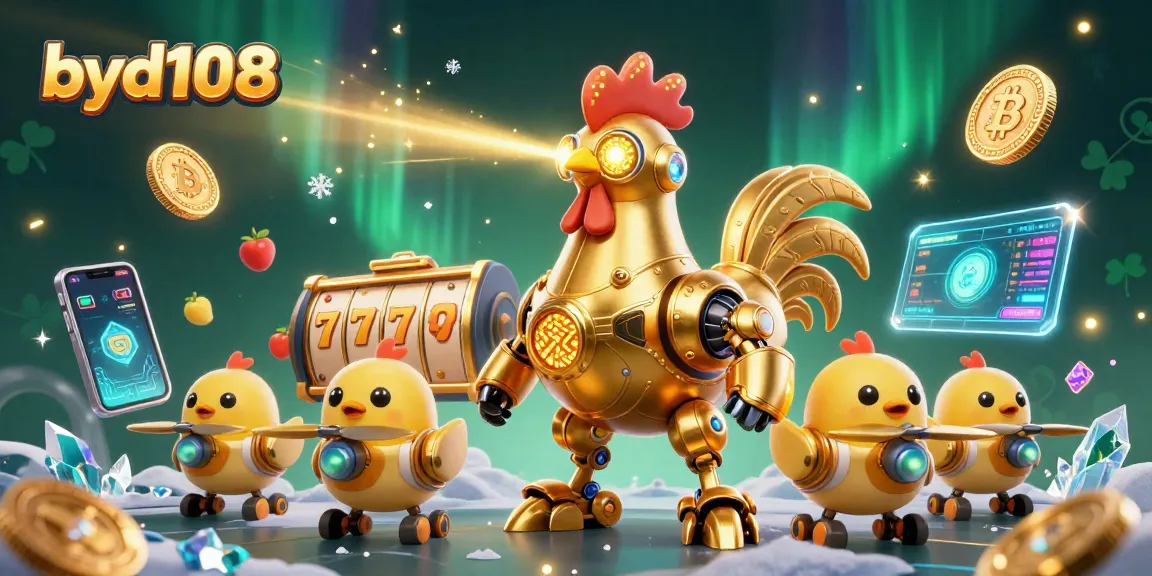 Menangkan permainan slot di byd108 dengan jackpot berlimpah dan simbol keberuntungan yang mengelilingi karakter robot ayam futuristik.