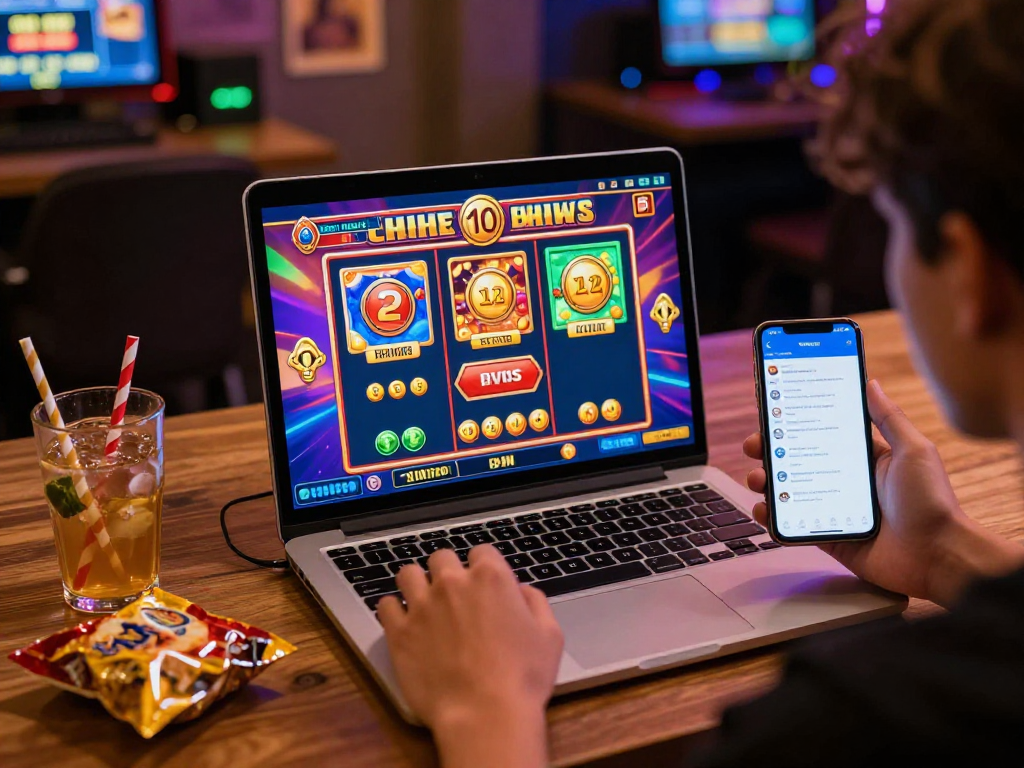 Exciting gaming moment with agen gacor slot experience, showcasing a player enjoying online slots amid vibrant graphics and cozy settings.