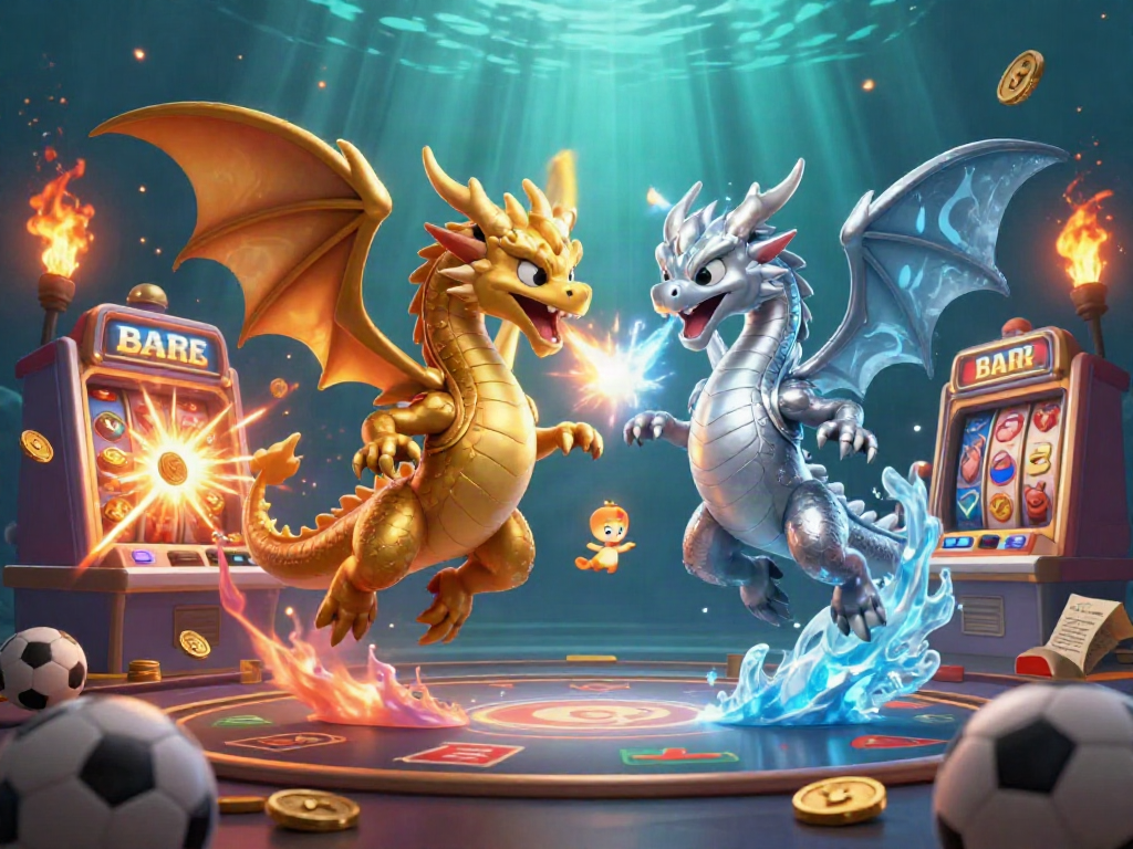 Catch the thrill of ดูบอลสด with an exciting 3D scene highlighting gold and silver dragons amidst sports betting elements.