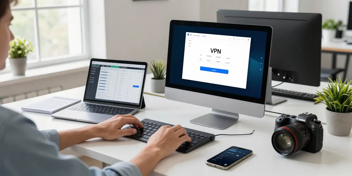 快连 VPN application interface on a professional's desk, showcasing a tech-focused workspace for enhanced connectivity.