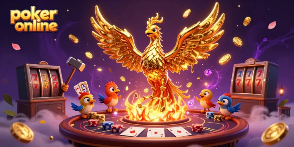 Experience poker online with a magical phoenix scene, poker chips, and radiant game elements