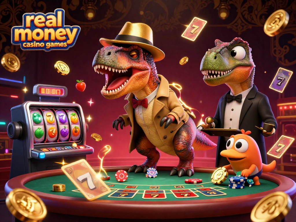 Experience real money casino games with a playful velociraptor at blackjack amidst neon sports elements.