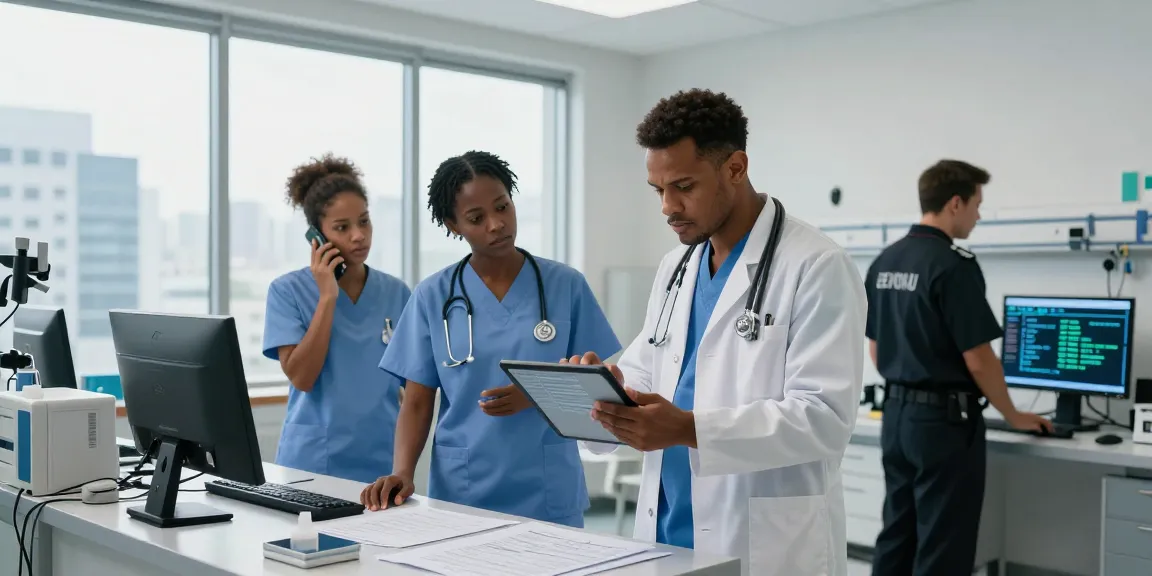 Healthcare professionals responding to a data breach crisis at Depici Media, showcasing urgency and collaboration in a hospital setting.