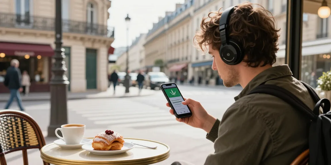 Can A Tourist Buy High THC Weed Legally Online In France? Best Guide - A traveler exploring cannabis options in a Paris café.
