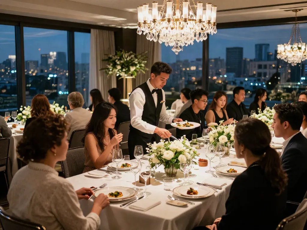 Event rentals enhancing a luxurious gala atmosphere with elegant table settings and city skyline backdrop.