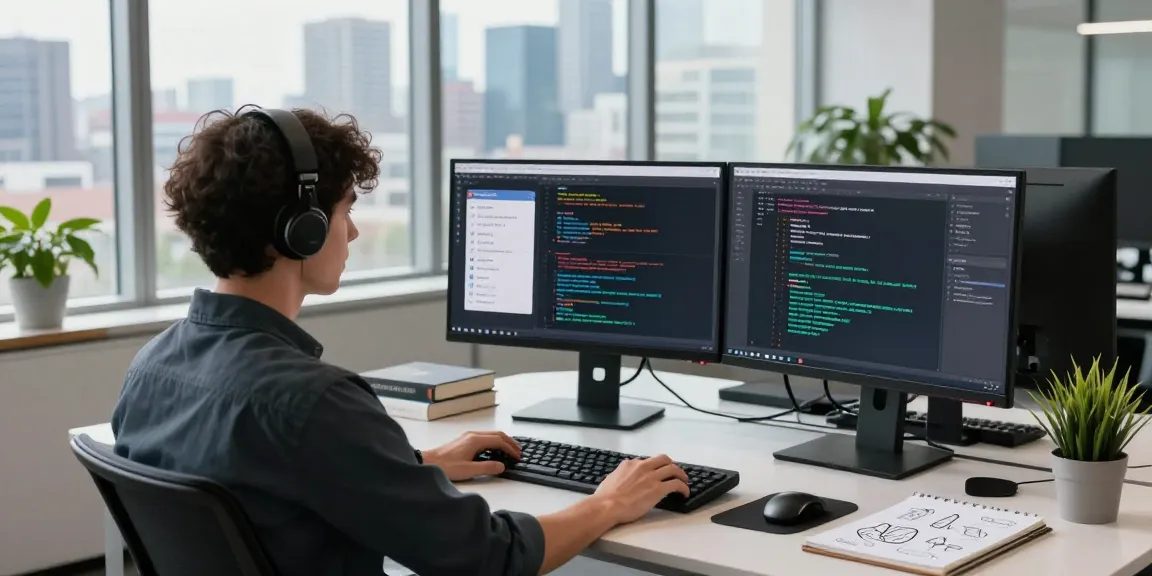 Innovative tech workspace showcasing a developer coding 纸飞机中文版 on multiple screens with a vibrant city backdrop.