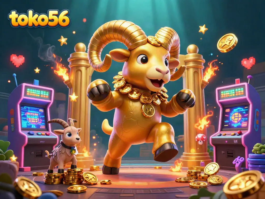Menangkan jackpot di toko56 dengan ilustrasi 3D ram emas dan mesin arcade berwarna-warni.