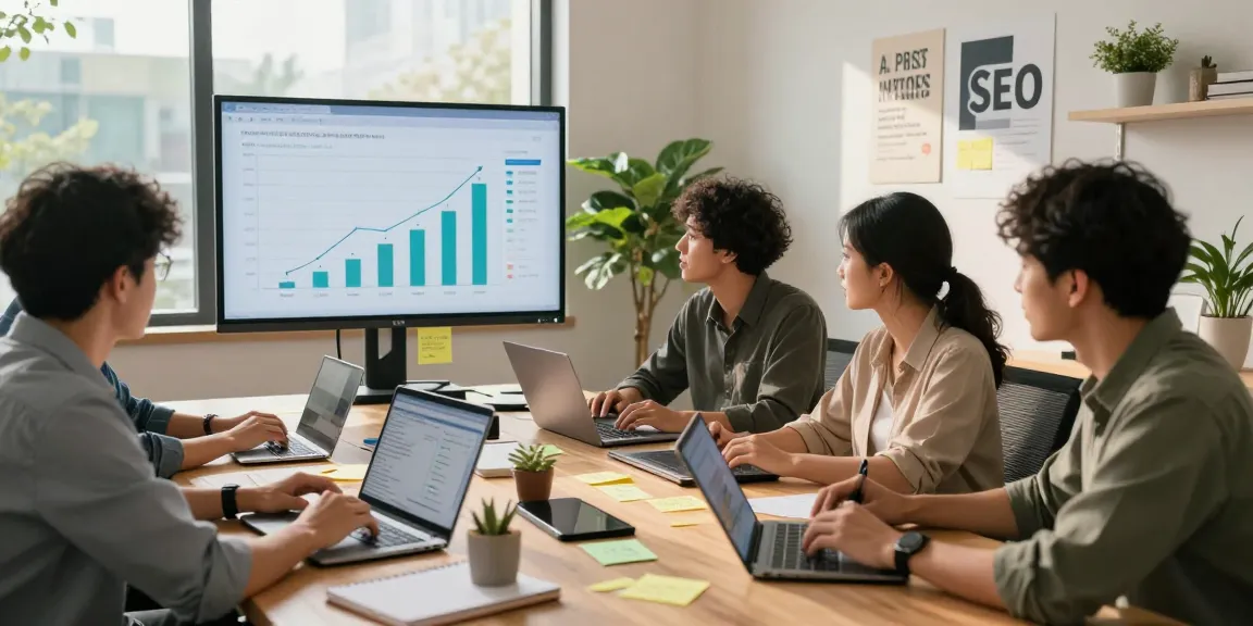 SEO backlink services expertise in a collaborative digital marketing office with team discussing strategies and analyzing data.