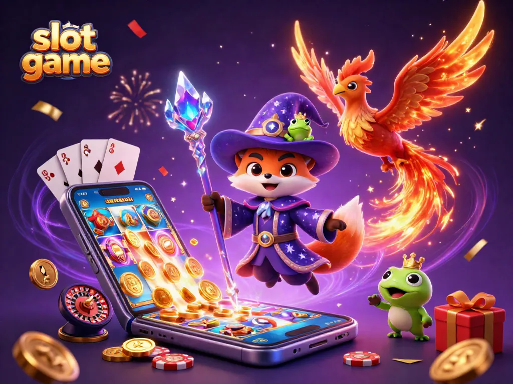 A mystical wizard fox with a phoenix companion interacts with colorful slot game elements, celebrating wins.