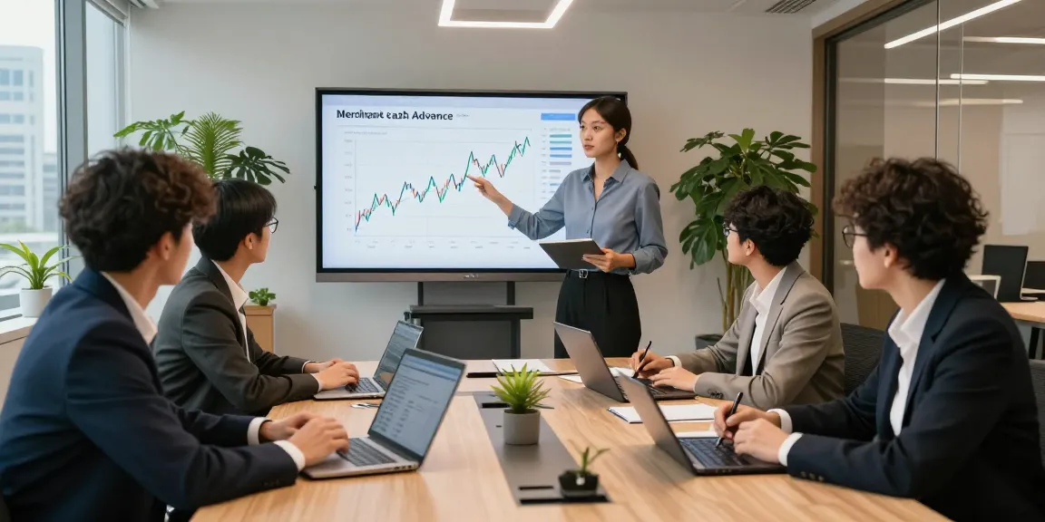 Team discussing merchant cash advance rates at a modern financial consulting office.