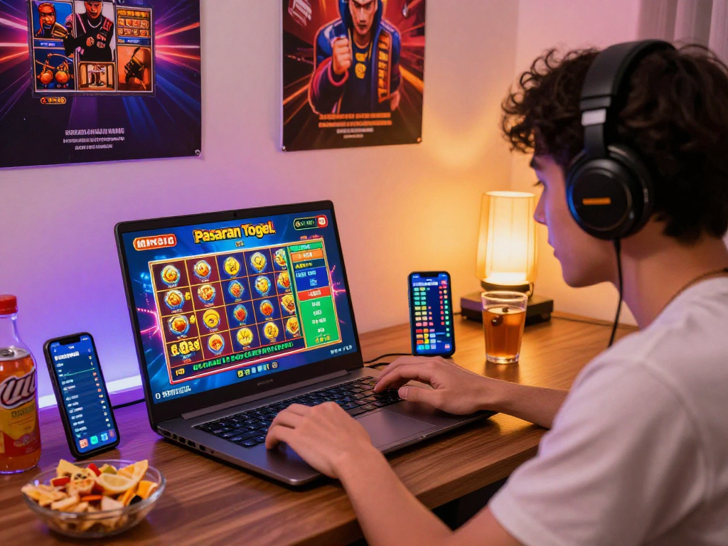 Engaged player experiencing pasaran togel in vibrant home gaming setup with colorful graphics and snacks.