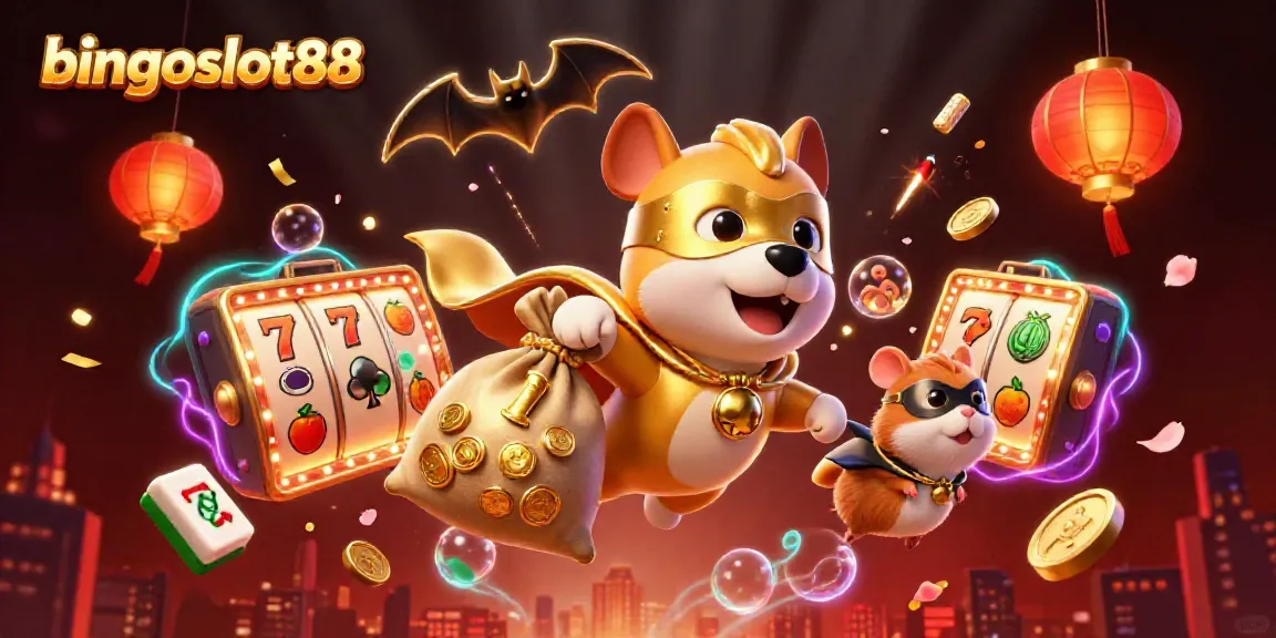 Permainan menarik bingoslot88 dengan ilustrasi 3D, superhero anjing dan chip poker menyala.