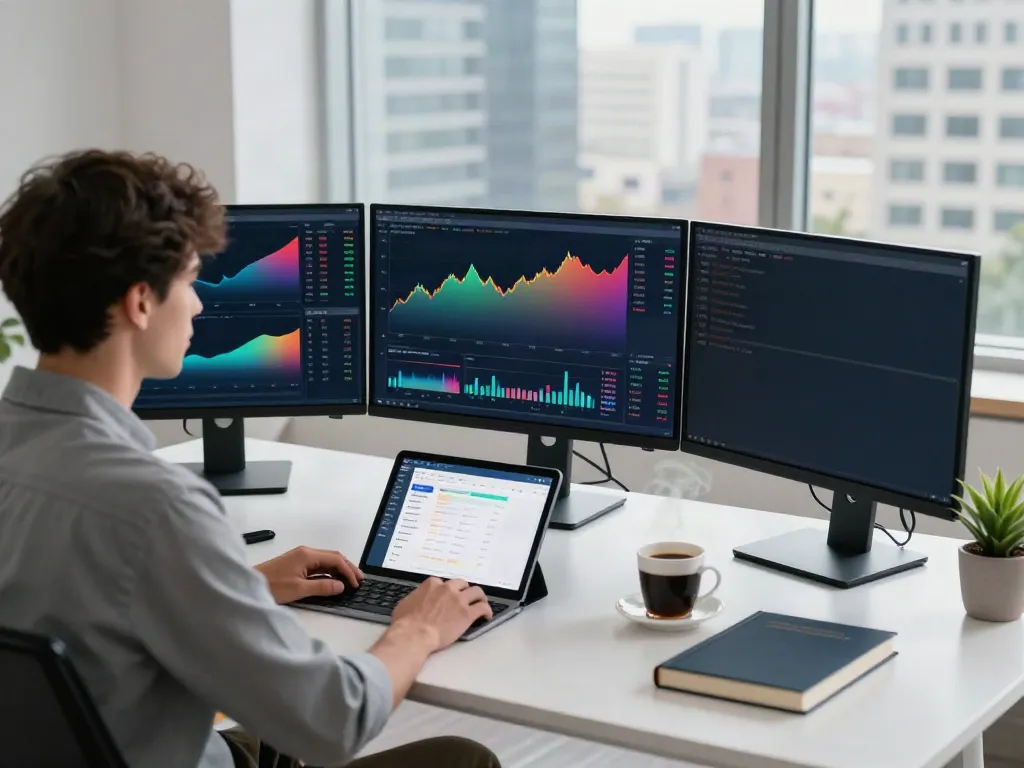 Focused trader using tradingview官网 on multiple screens in a modern workspace