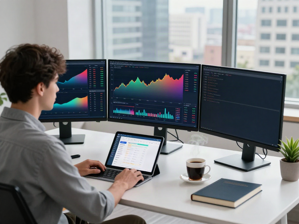 Focused trader using tradingview官网 on multiple screens in a modern workspace