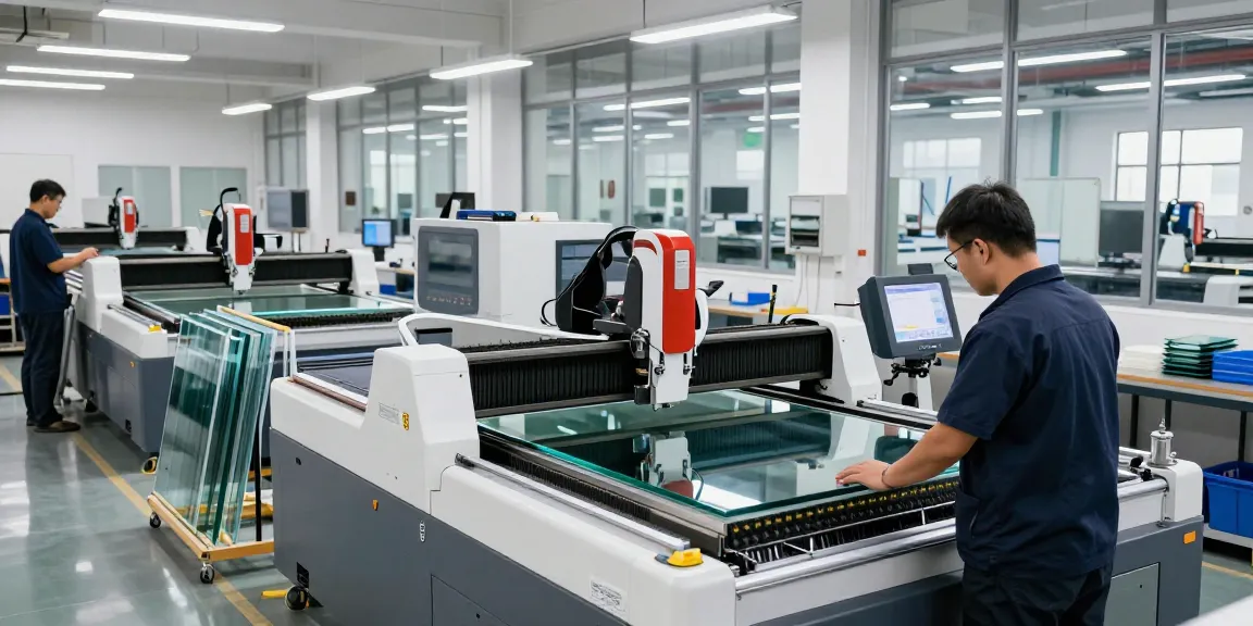 CNC glass cutting machine in a busy workshop with a technician operating it efficiently.