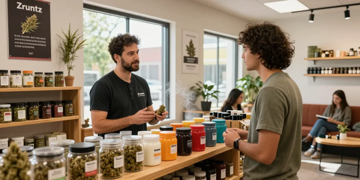 Explore Zruntz strain review in a cannabis dispensary with engaging budtender.