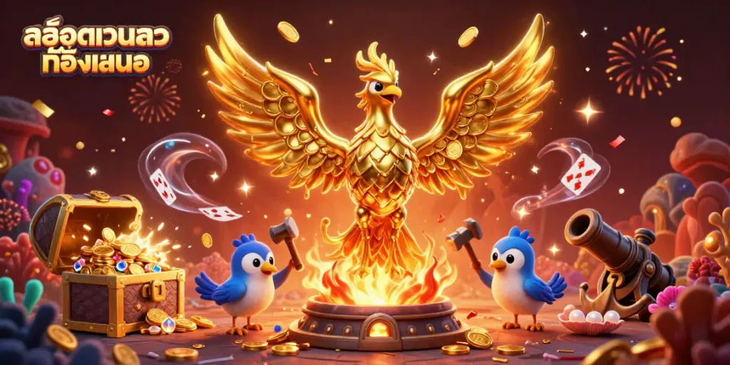 Engage with สล็อตเว็บตรงทั้งหมด featuring a molten golden phoenix and treasure elements in a vibrant casino scene.