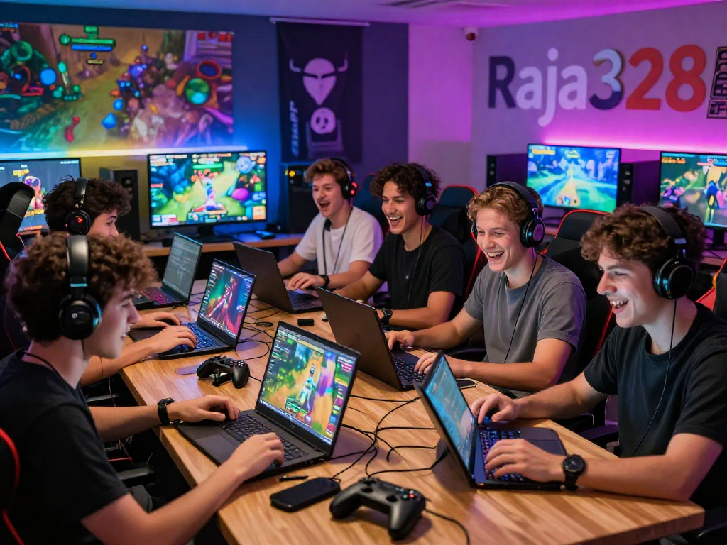 Engaging scene of players enjoying games on situs raja328, showcasing community excitement and vibrant digital graphics.
