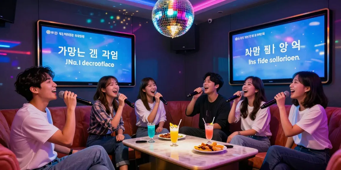 Friends enjoying a lively karaoke night at a 강남노래방 with vibrant lights and lyrics on screen.