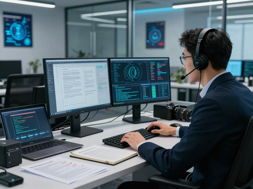 Analyst engaged in document fraud detection analysis at a modern cybersecurity workspace.