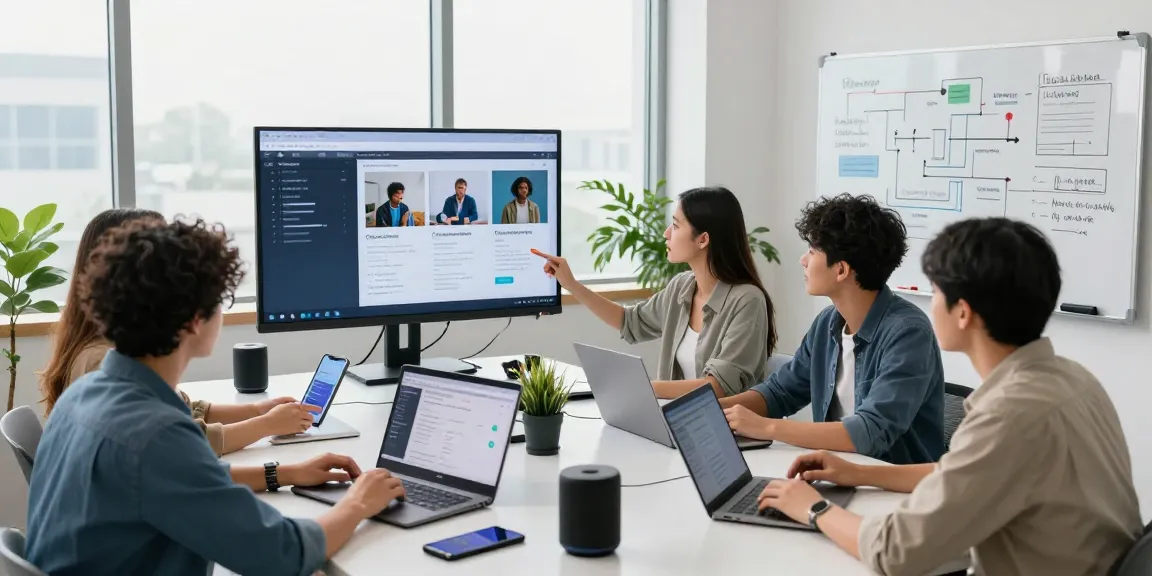 Team collaborates to detect AI image content in a bright, modern workspace.