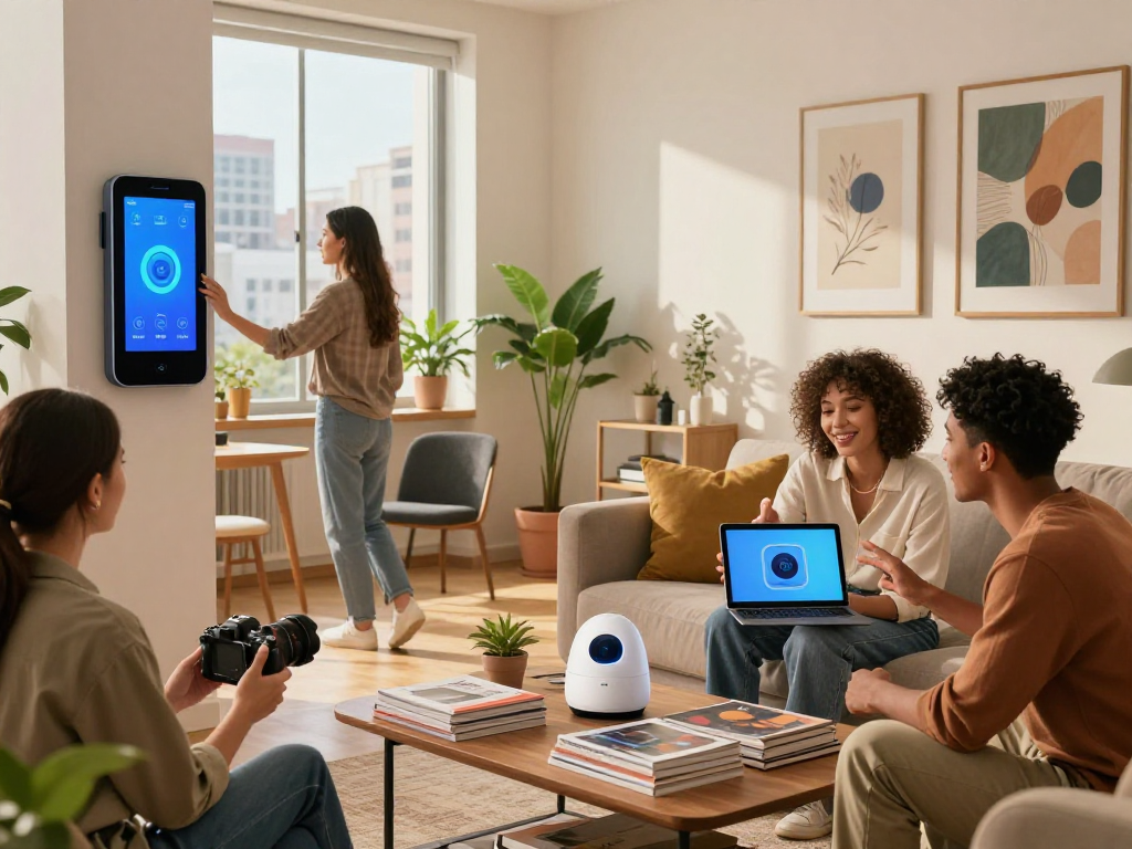 Interactive scene of urban individuals engaging with AI sluts technology, showcasing modern smart home lifestyle.