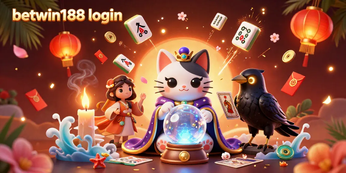 Memperlihatkan tampilan menarik dari login Betwin188 dengan karakter kucing ramal dan berbagai elemen permainan.