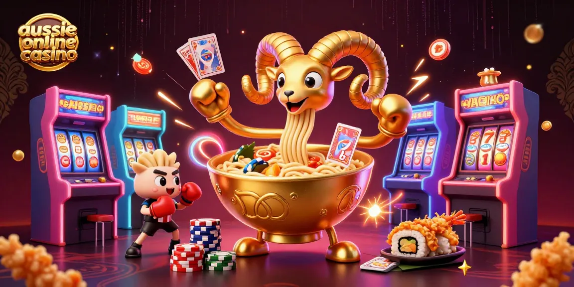 Engage with the vibrant scene of an aussie online casino featuring fun casino characters and arcade games.