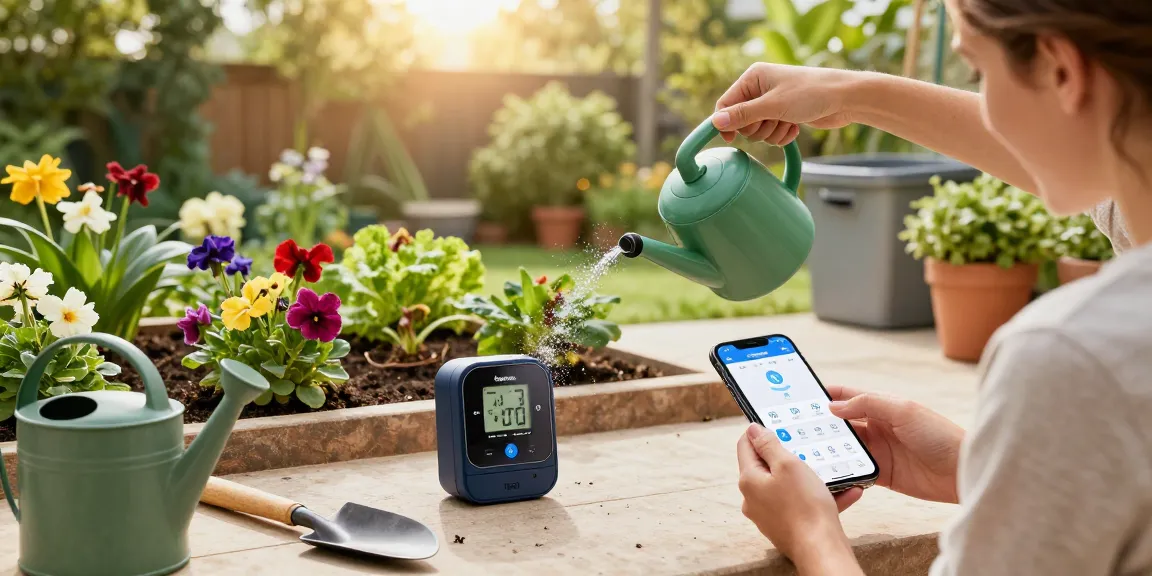 Person using a RainPoint water timer in a garden setting, showcasing smart irrigation features for efficient plant care.