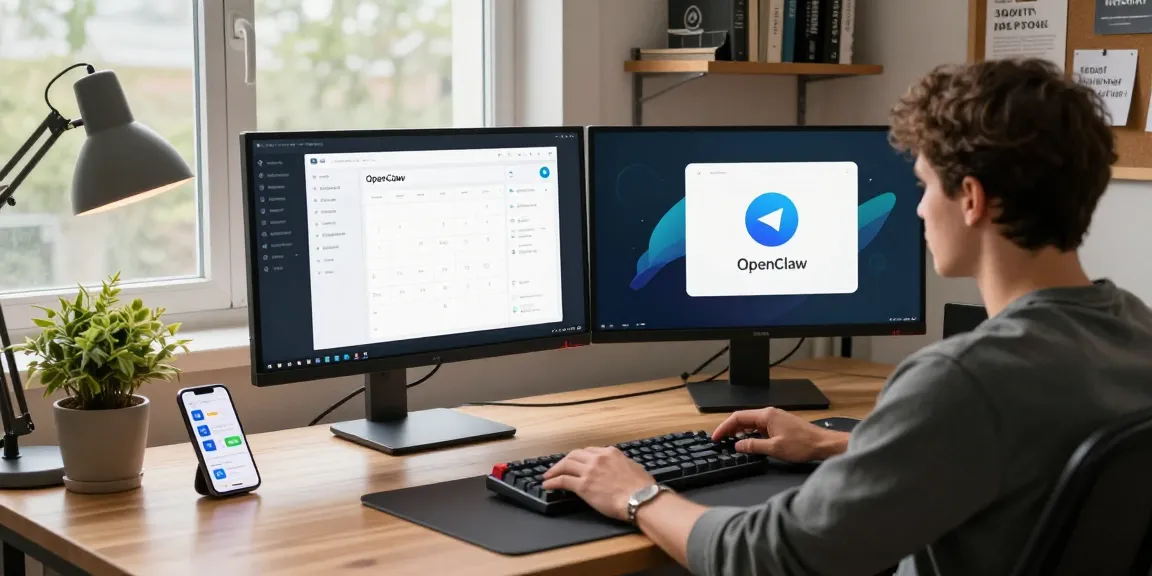 OpenClaw personal AI assistant workspace with dual monitors and vibrant productivity elements.