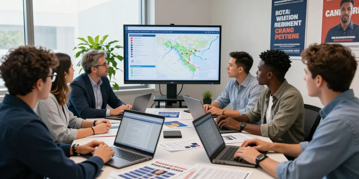 Political reputation management strategy session in a vibrant campaign office