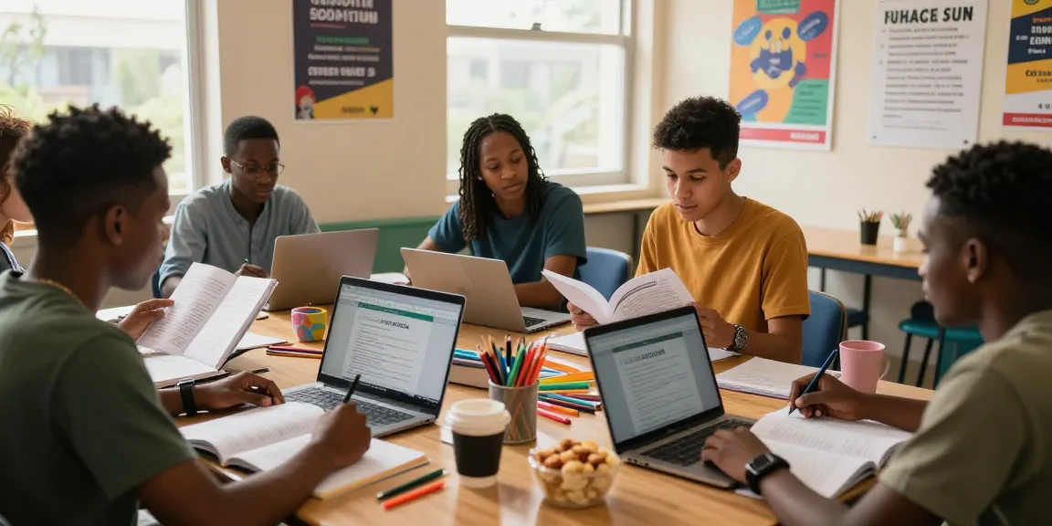 Students collaborating on study materials for the 2026 neco runz exam in a warm, inviting atmosphere.