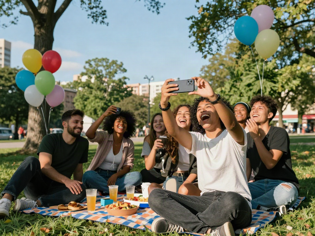 Friends guessing how old do i look while taking selfies in a sunny park.
