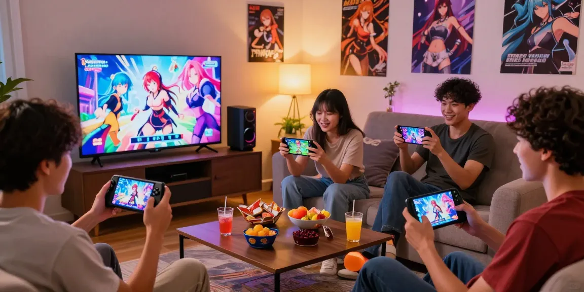 Engaged players enjoying a hentai game session on mobile devices in a cozy living room atmosphere.