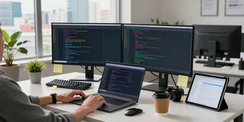Developer coding on h5.2113.net with multiple monitors in a modern workspace.