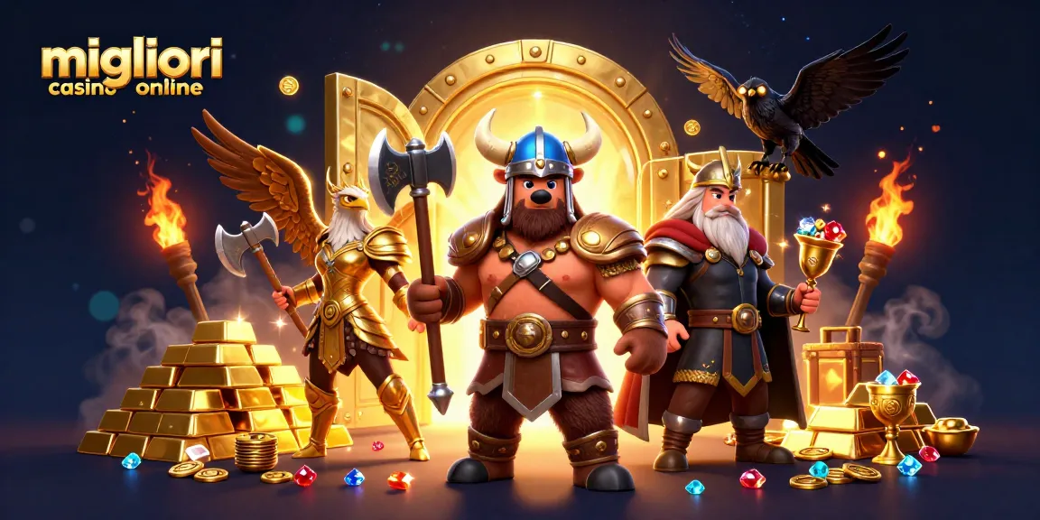 Scena dei migliori casino online con un berserker vichingo e un'aquila valchiria tra tesori e elementi dorati.