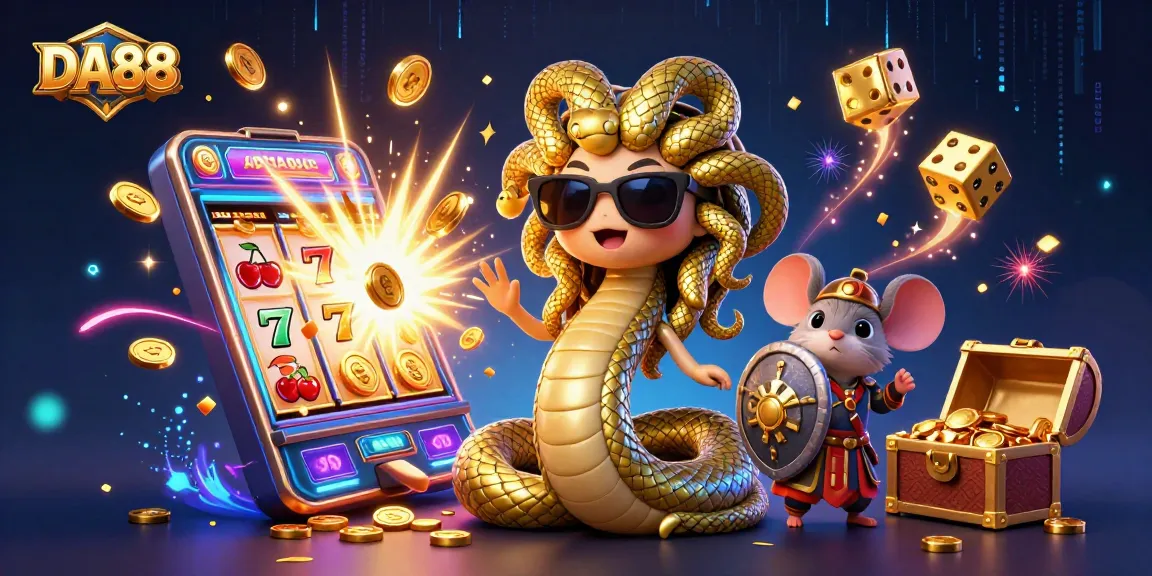 Engage with DA88 through an exciting 3D illustration of Medusa in a vibrant casino scene.