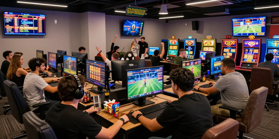 Players enjoying games on situs raja328, showcasing a vibrant online gaming atmosphere with bright lights and social interaction.