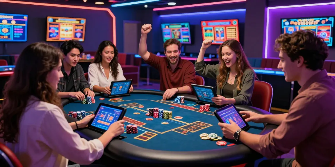 Friends enjoying a lively online casino game with newbet4d, vibrant atmosphere and interactive digital devices.