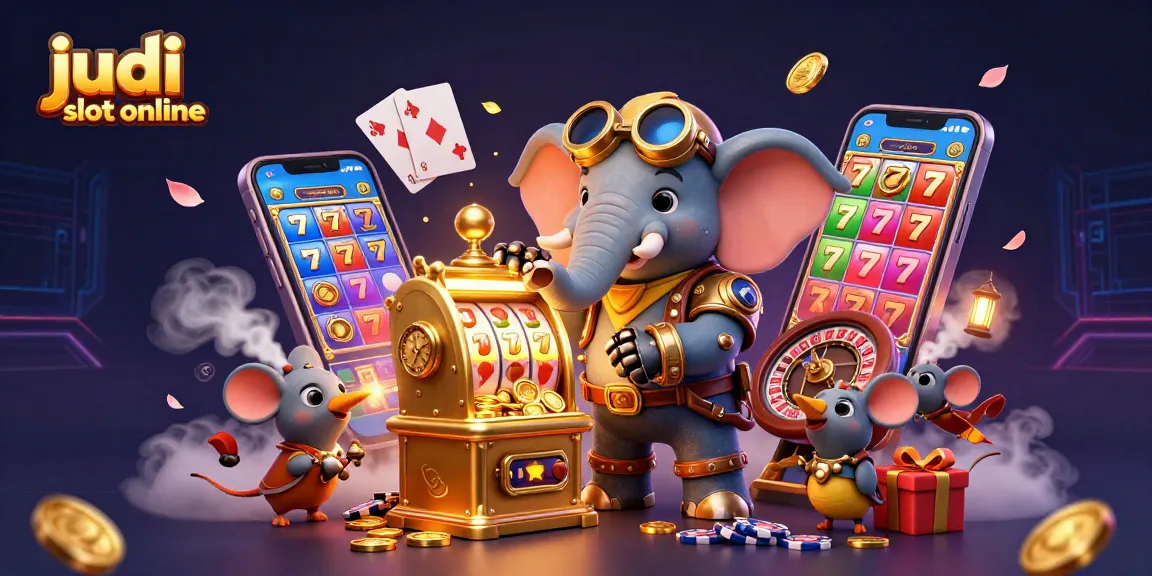 Experience exciting judi slot online action with a steampunk elephant engineer operating a golden slot machine.