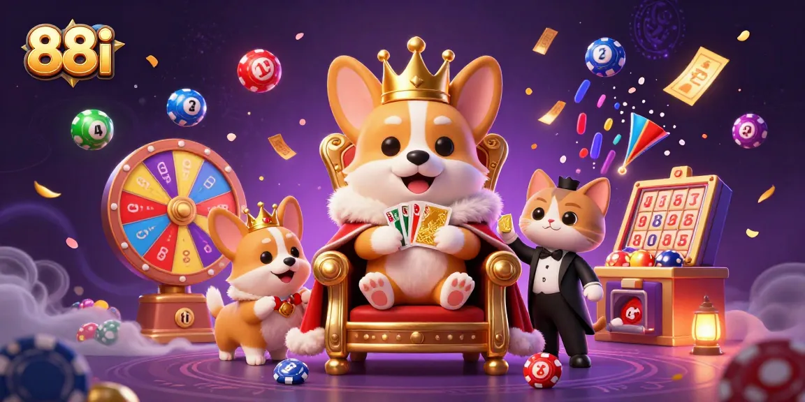 Experience the thrill of 88i casino with vibrant lottery visuals and regal gaming characters.