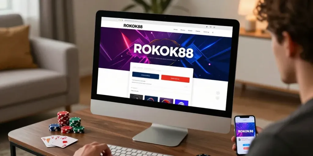 rokok88 login interface on a sleek desktop with gaming accessories in a cozy home setting