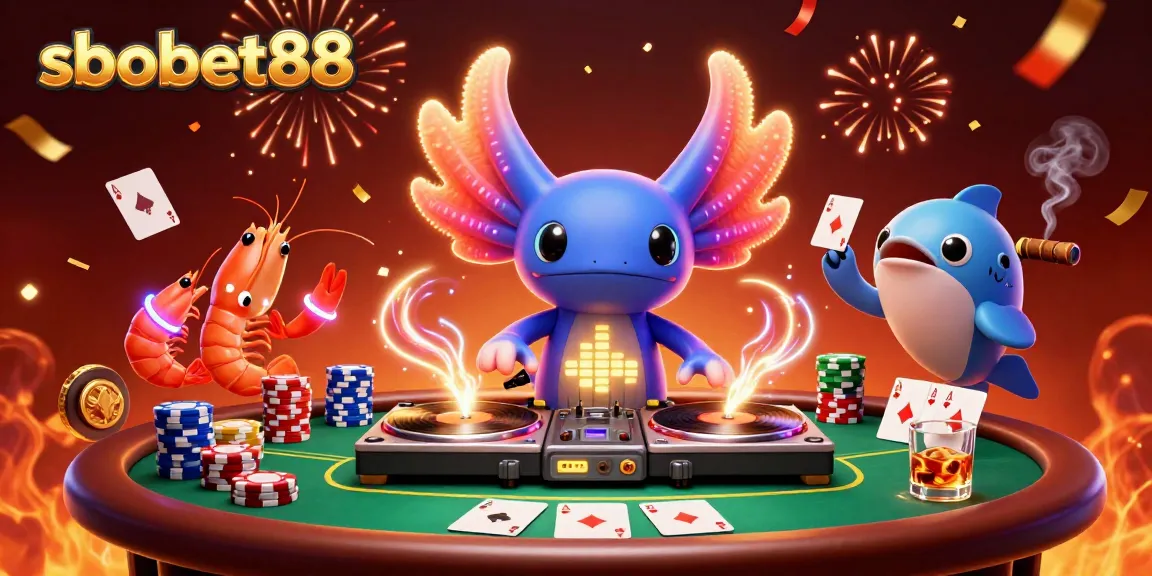 sbobet88 showcases an exciting underwater casino scene with vibrant characters and poker elements.