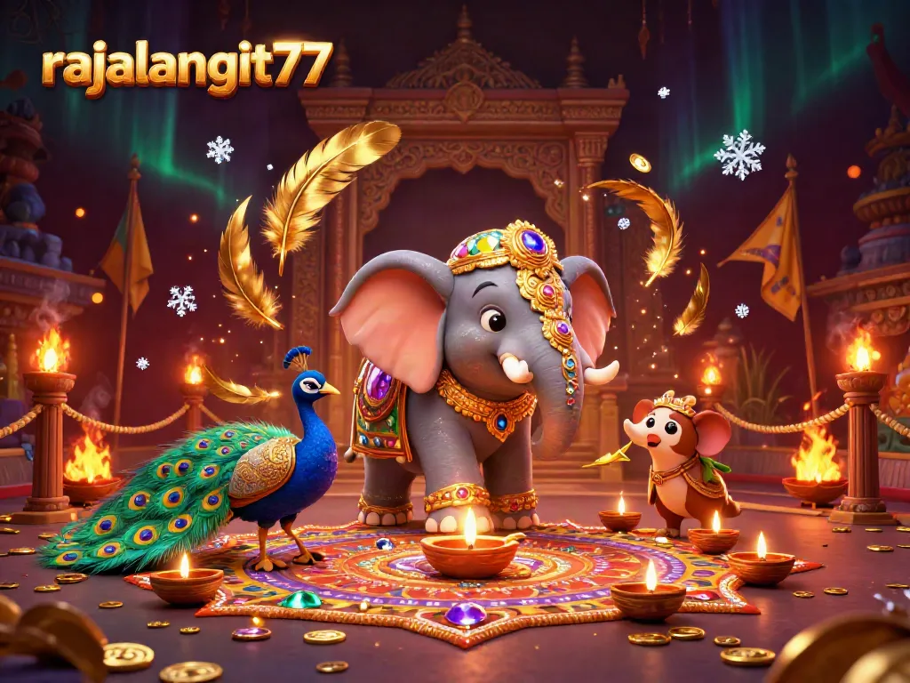 Rasakan keseruan judi dengan rajalangit77 dalam ilustrasi kasino penuh warna dan elemen Medhi.