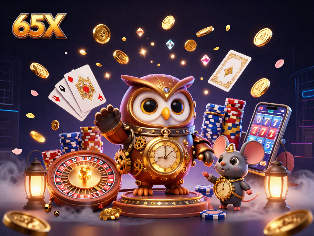 Explore a emoção do cassino com a 65X, enquanto um sábio coruja viajante do tempo e seu companheiro encantador desfrutam das maravilhas dos jogos.