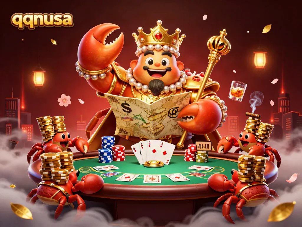 Engage with the thrilling qqnusa scene featuring a regal golden crab amidst vibrant casino elements.