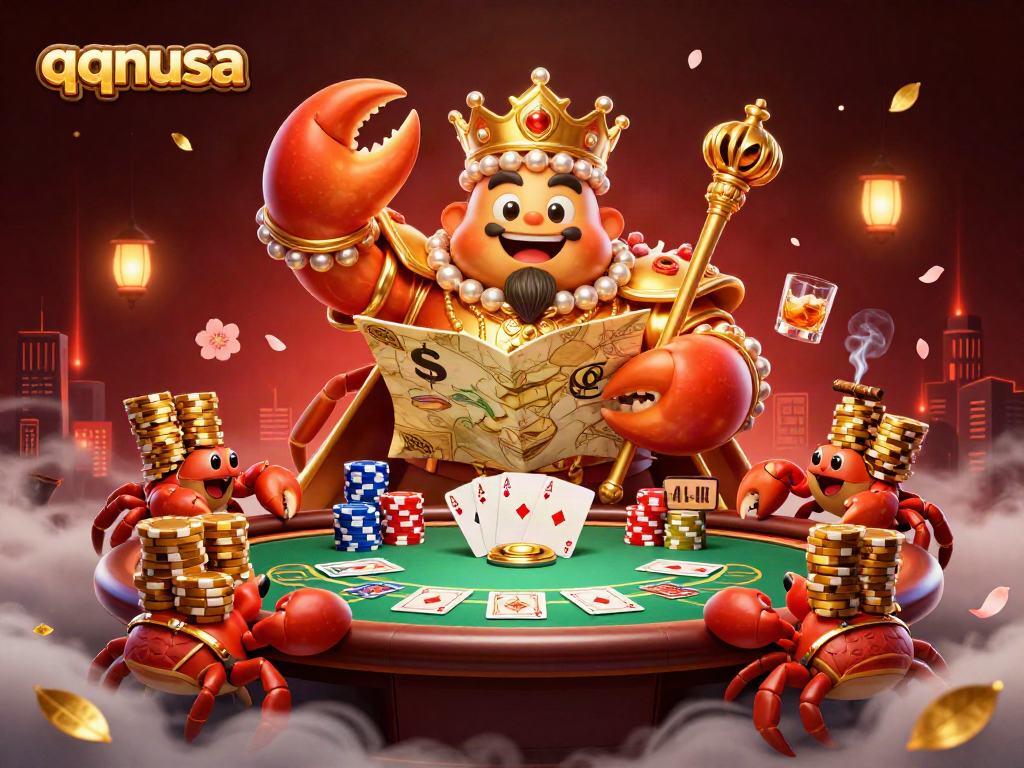 Engage with the thrilling qqnusa scene featuring a regal golden crab amidst vibrant casino elements.