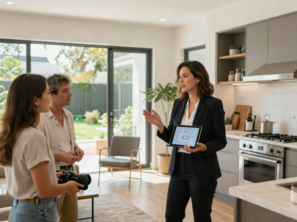 Engaging real estate open house with agent showcasing depo 10k features to potential buyers.