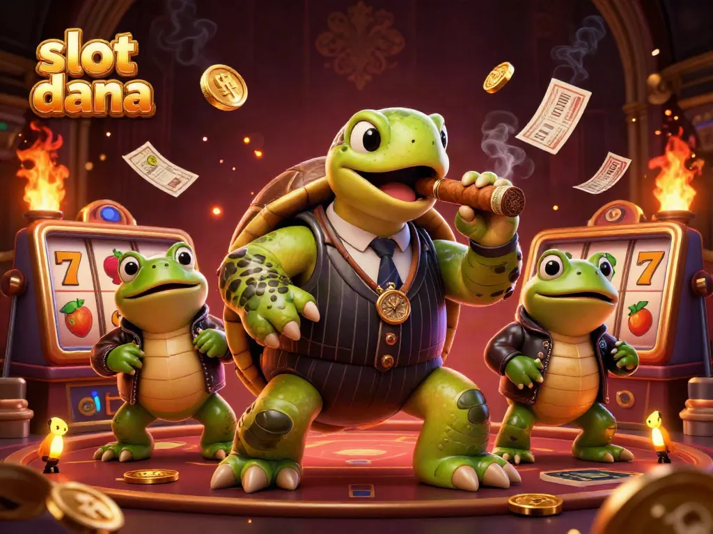 Pemain slot dana menikmati pengalaman bermain dengan antusias, dikelilingi oleh simbol keberuntungan dan koin emas.