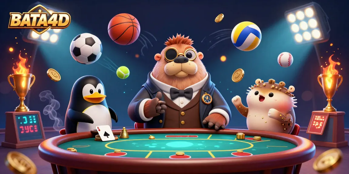 BATA4D showcases an underwater poker scene with a jolly walrus, penguin dealer, and a bluffing pufferfish amidst dynamic game elements.